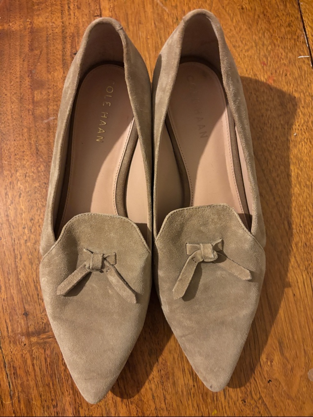 Cole Haan Taupe Suede Pointed Toe Loafers with Knot Detail